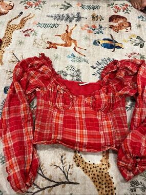 Free People Red Plaid Puff-Sleeve Crop Blouse